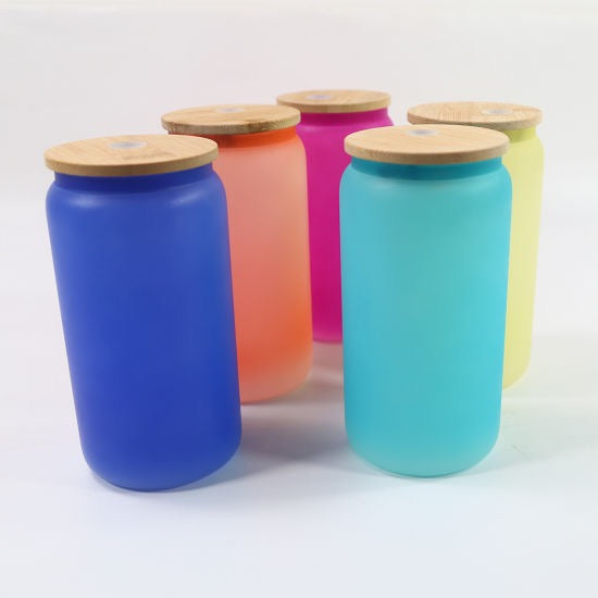 16oz Blank Sublimation color changing glass Jar Cans Tumblers (Includes Bamboo Lid & Straw)