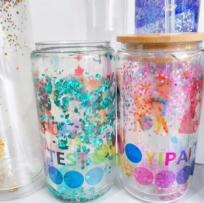 16oz Sublimation blank Snow Globe Dual layer glass Jar Cans Tumblers (Includes Bamboo Lid & Straw)
