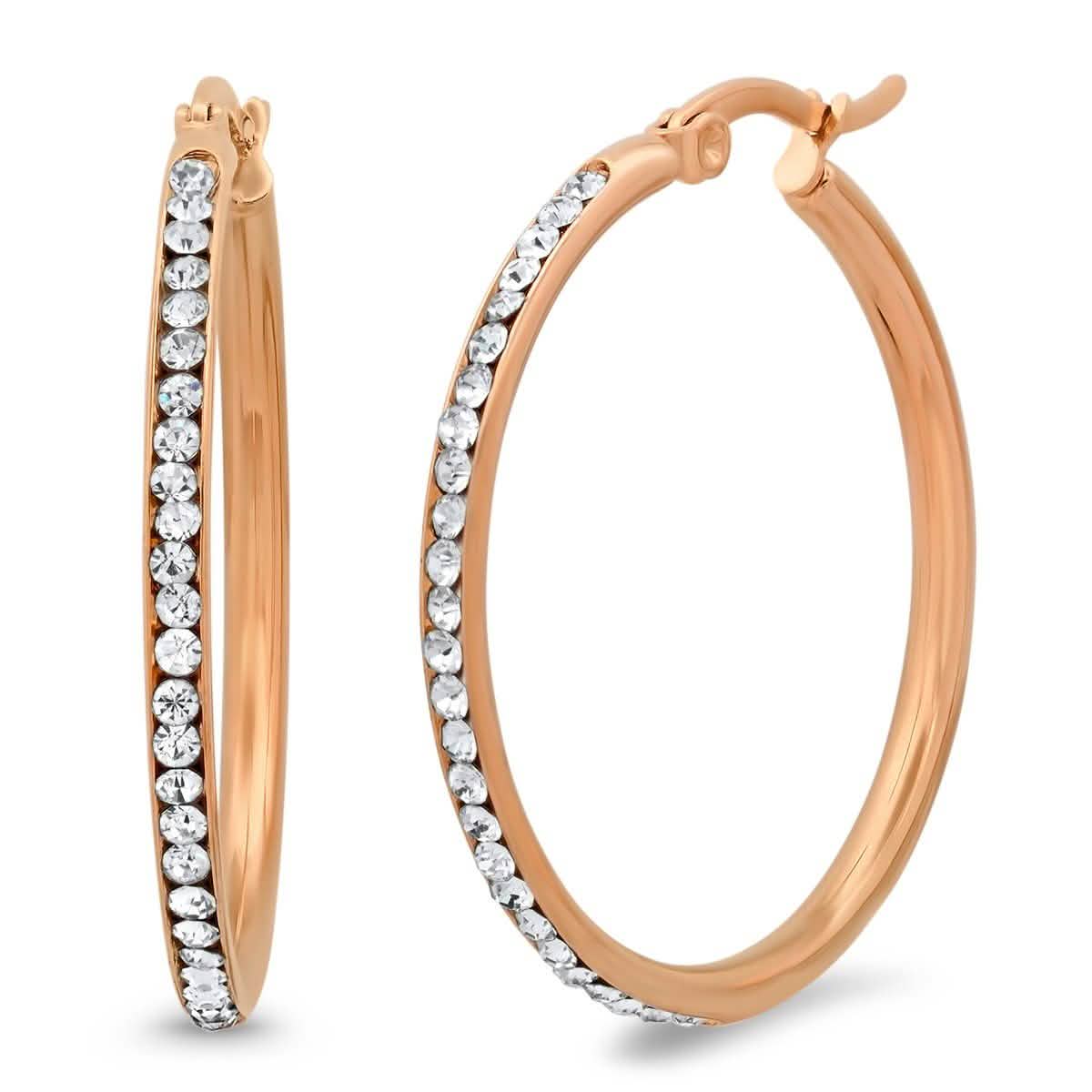 Ladies Stainless Steel And Simulated Diamonds Hoop Earrings