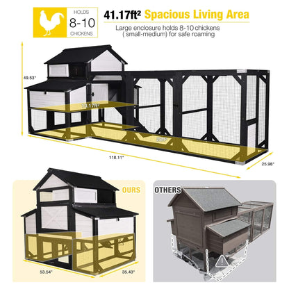 Large 118-Inch Outdoor Wooden Chicken Coop With Extended Run And 6 Nesting Boxes [8-10 Chickens] (SAK63940)