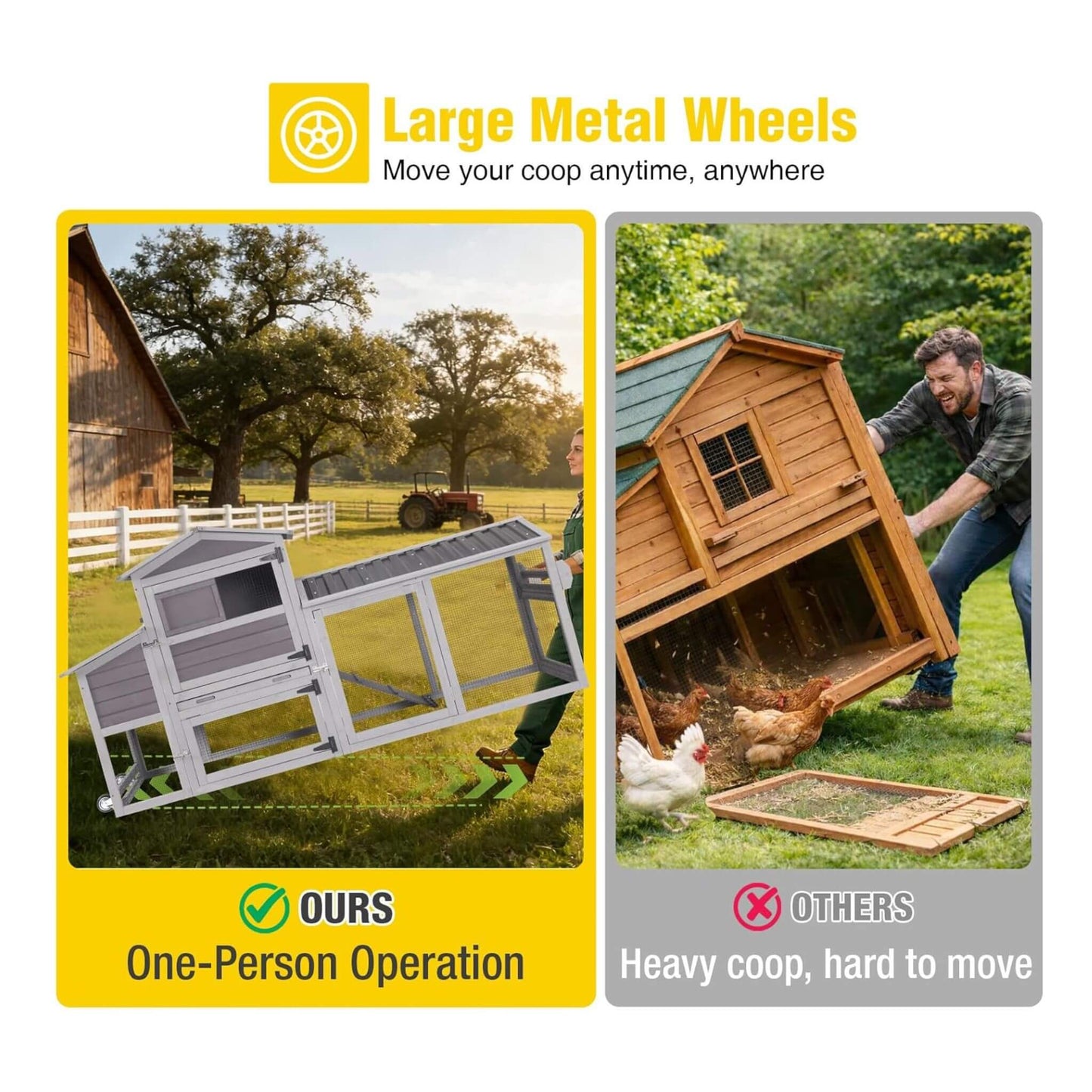 Large 83-Inch Mobile Chicken Coop With Wheels And Nesting Box [4-6 Chickens] (SAK81360)