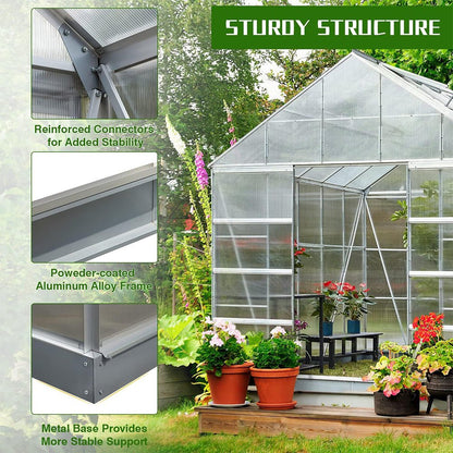 [10X12FT] Large Heavy-Duty Outdoor Walk-In Polycarbonate Aluminum Frame Greenhouse With Adjustable Vents & Sliding Doors (SAK93648)