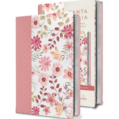 Biblia Reina Valera 1960 Letra Grande. Piel Rosada Con Flores, Tamaño Manual / Spanish Bible Rvr 1960 Large Print. Imitation Pink Leather with Flowers - Bonded Leather
