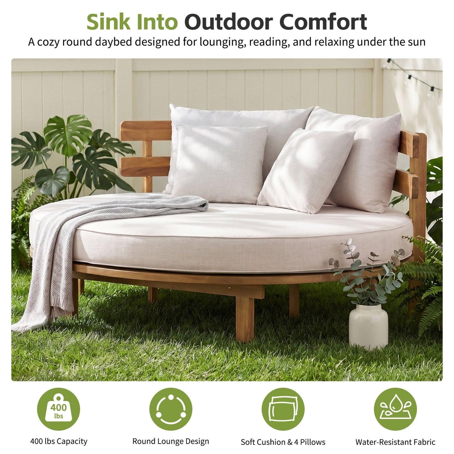 Alora Luxury Outdoor Acacia Wood Round Daybed With Cushions And Pillows (SAK40613)