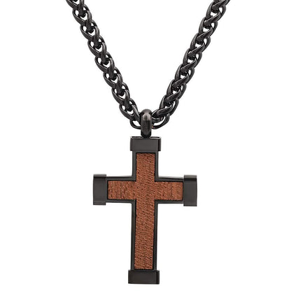 Men's Black IP Stainless Steel and Wood Cross Pendant