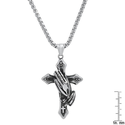 Men's Stainless Steel Oxidized Prayer Hand and Cross Pendant