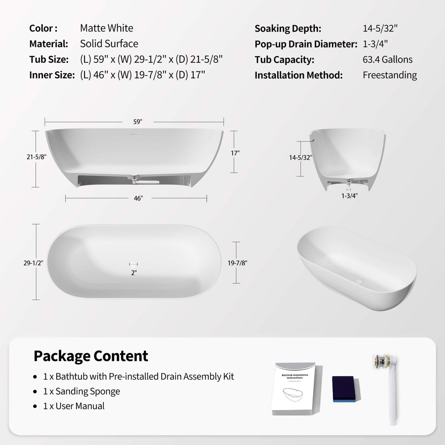Nuvia Wavecrest 59-Inch Luxury Solid Surface Matte White Freestanding Soaking Tub (SAK95320)