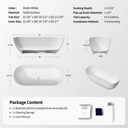 Nuvia Wavecrest 59-Inch Luxury Solid Surface Matte White Freestanding Soaking Tub (SAK95320)