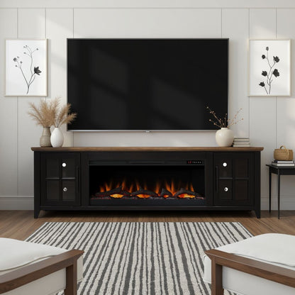 Nuvia 83-Inch Bourbon Black TV Stand With Fireplace And Glass Windowpane Doors (SAK40281)