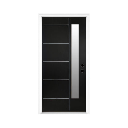 [36X80-Inch] Nuvia Black Modern Left Inswing Fiberglass Entry Door With Frosted Glass (SAK25849)