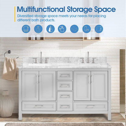 Nuvia Premium 60-Inch Freestanding Double Sink Bathroom Vanity With Carrara Marble Top (SAK51829)