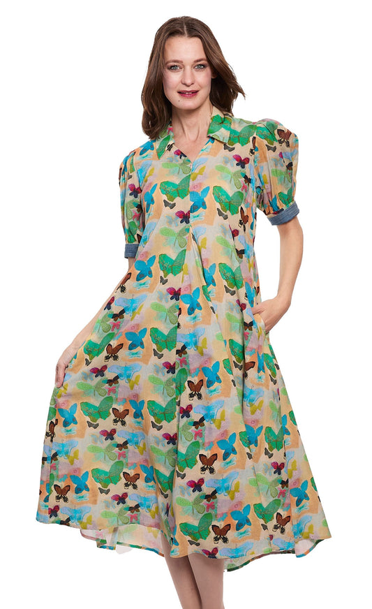 Montauk Dress Linen Cotton Neutral Butterfly Print