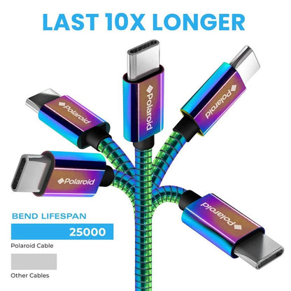 Polaroid USB Type-C Cable 5Ft | USB C Spiral Metal Cable with Aluminum Housing for Android Devices - Iridescent