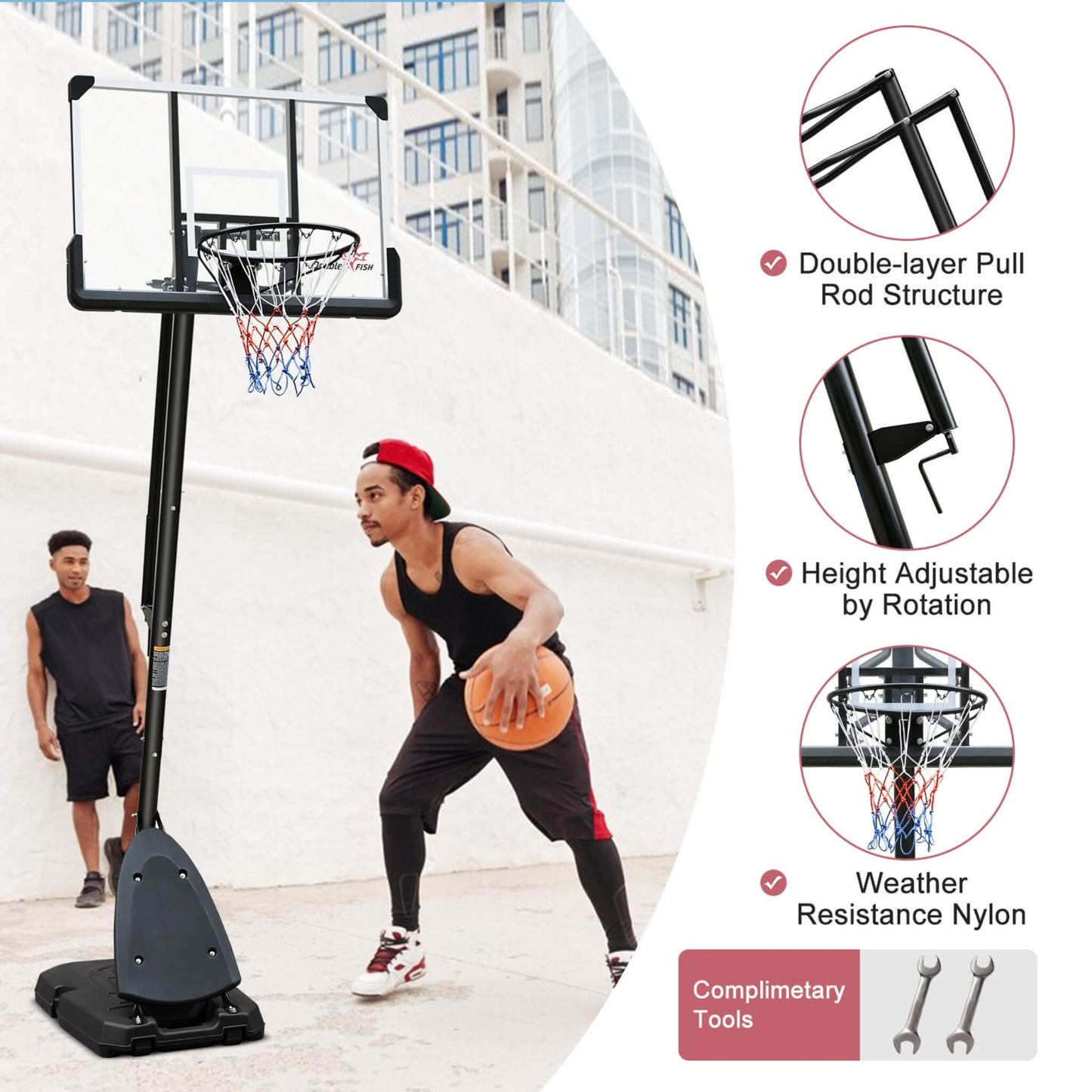 Portable Outdoor All-Weather Height Adjustable Basketball Hoop With 44-Inch Backboard And Wheels, 10FT (SAK58741)