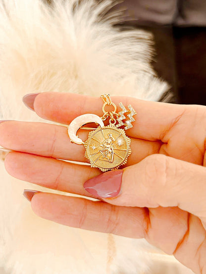 3 Charm Zodiac & Moon Cubic Zirconia Pendant Necklace