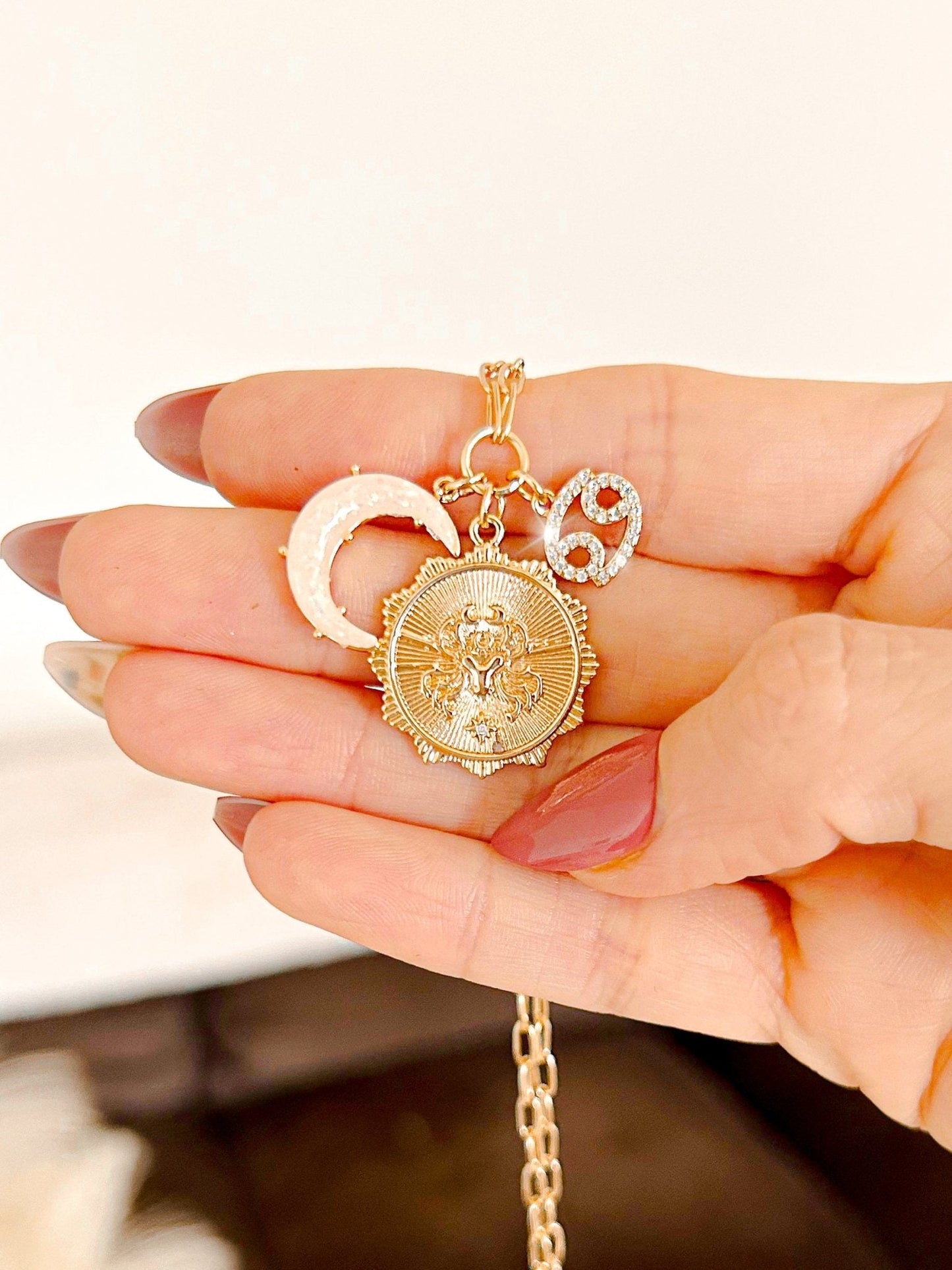 3 Charm Zodiac & Moon Cubic Zirconia Pendant Necklace