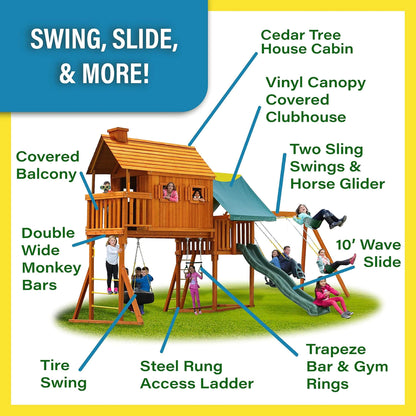 Premium Cedar Wood Tree House Swing Set With Built-In Covered Porch, Chimney, Monkey Bars And Slide (SAK18427)