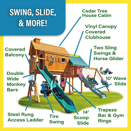 Premium Cedar Wood Tree House Swing Set With Clubhouse, Wave Slide And Scoop Slide (SAK30746)