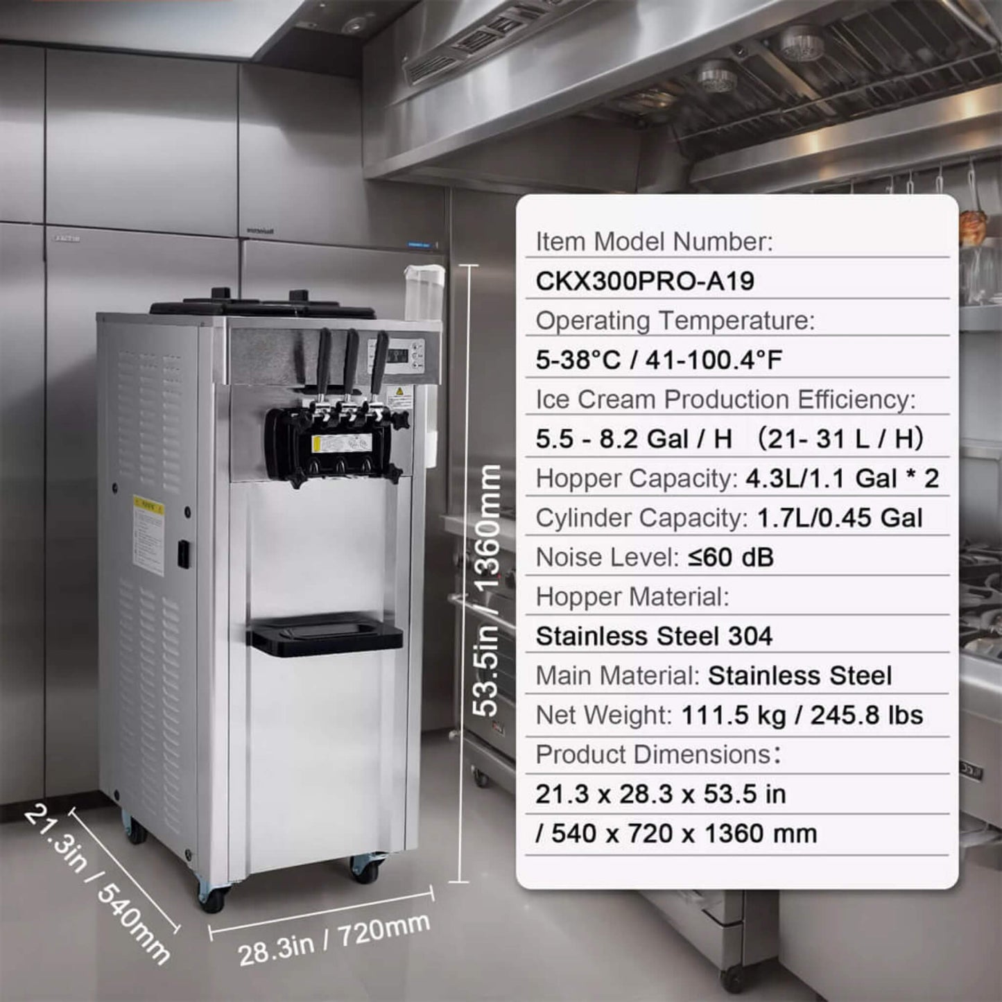 Premium Commercial 3-flavor Freestanding Soft Serve Ice Cream Machine Maker, 21-31 L/H (SAK21874)