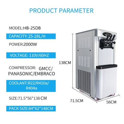 Commercial 25-30L/H Vertical 2000W 3-Flavor Soft Ice Cream Machine With Dual 6L Hoppers (SAK93406)