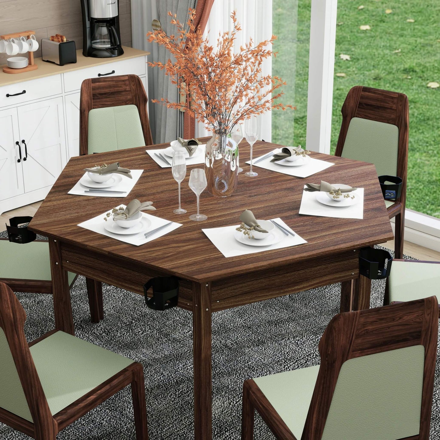 Premium 6-Person Hexagonal Game And Dining Table With Top, Mat And Cup Holders (SAK67845)