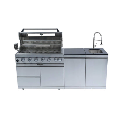 Castelle Flame Tuscany Outdoor BBQ Liquid Propane Kitchen Grill Island With 43-Inch 6-Burner 85K BTU Propane Gas Grill, Rotisserie Kit, And Storage Cabinets (SAK95623)