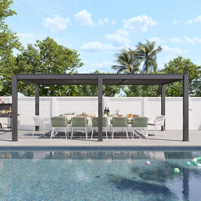 Alora Premium Gray Outdoor Metal Pergola With Louvered Roof And Drainage System (SAK76143)