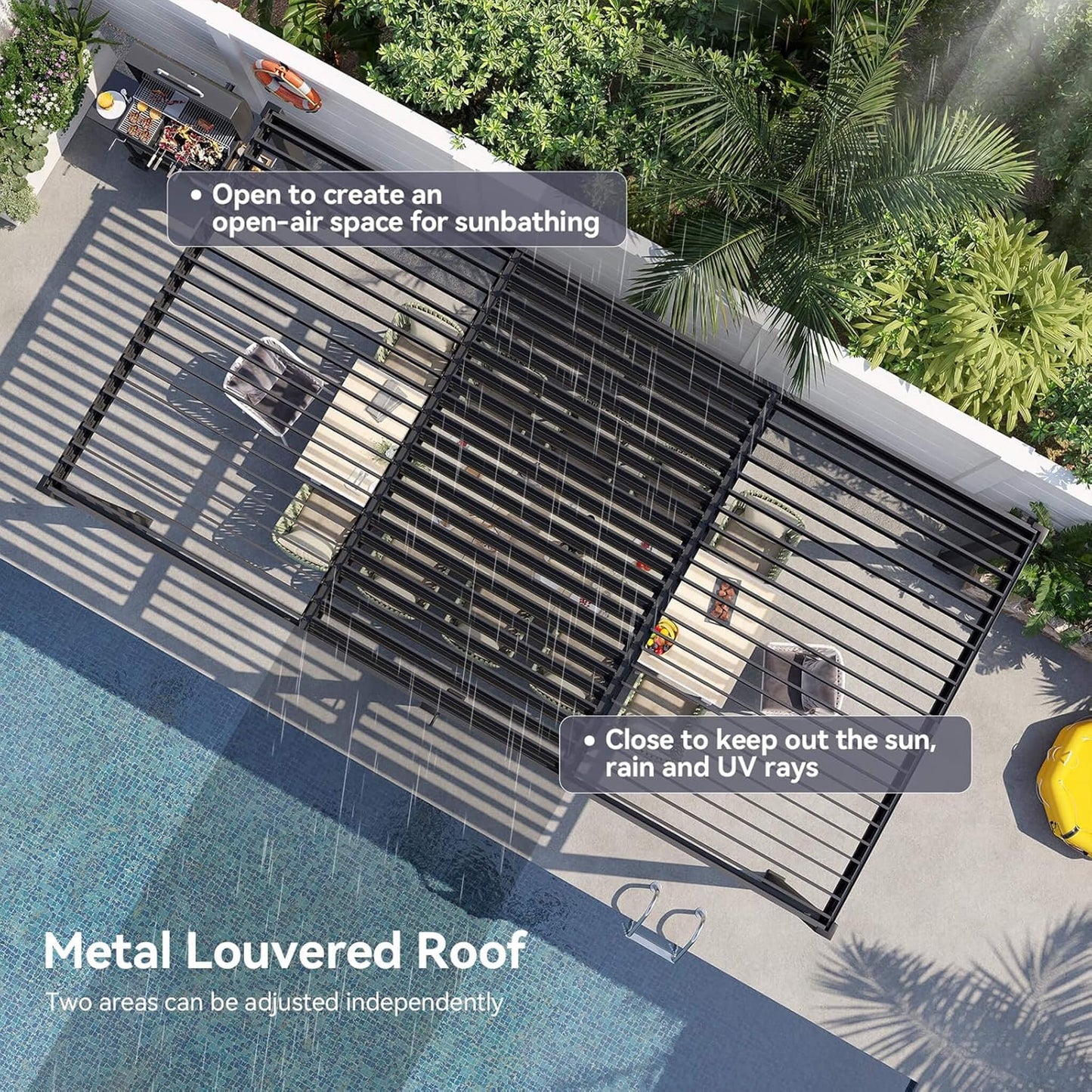 Alora Premium Gray Outdoor Metal Pergola With Louvered Roof And Drainage System (SAK76143)