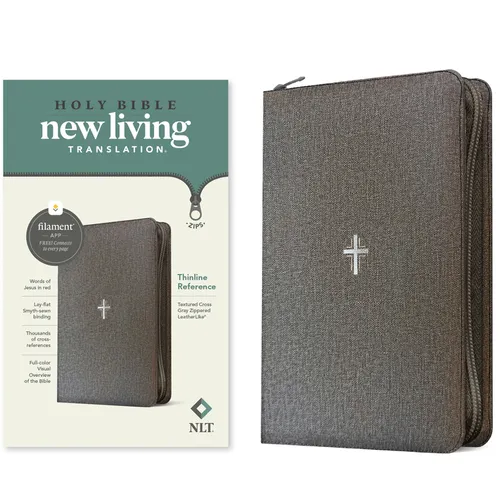 NLT Thinline Reference Zipper Bible, Filament Enabled (Leatherlike, Textured Cross Gray, Red Letter) - Imitation Leather