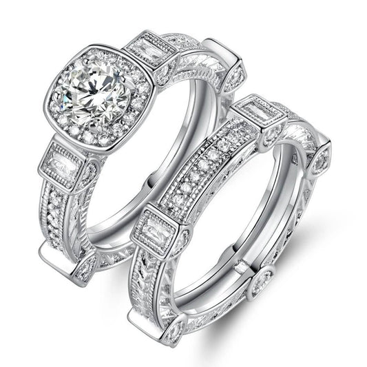 Rhodium Plated Cubic Zirconia Engagement Ring Set - Assorted Sizes