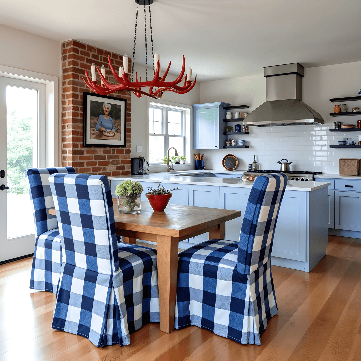 Navy Buffalo Check Plaid Floor-Length Slipcovers for IKEA Henriksdal USA (Set of 2)