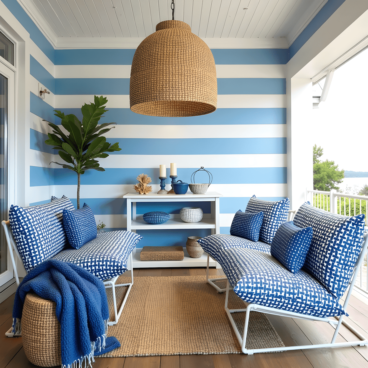 Modern Navy Blue Lattice Print Outdoor Slipcovers, Compatible with IKEA Havsten
