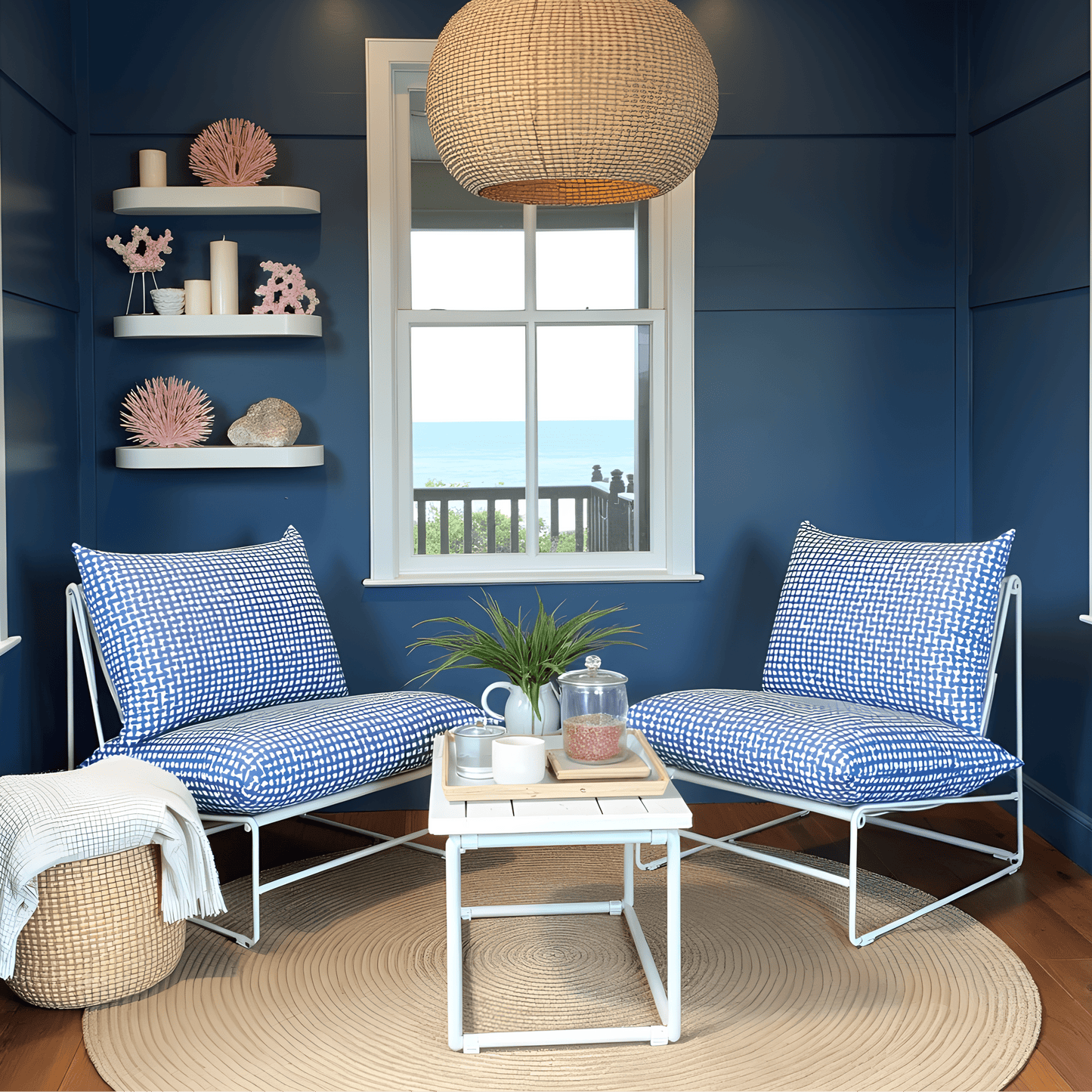 Modern Navy Blue Lattice Print Outdoor Slipcovers, Compatible with IKEA Havsten