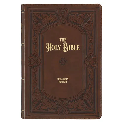 KJV Study Bible, Large Print King James Version Holy Bible, Thumb Tabs, Ribbons, Faux Leather Saddle Tan Framed Art Nouveau Debossed - Leather