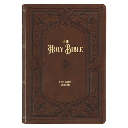 KJV Study Bible, Large Print King James Version Holy Bible, Thumb Tabs, Ribbons, Faux Leather Saddle Tan Framed Art Nouveau Debossed - Leather