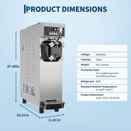 Single-Flavor 6L Commercial 1500W Countertop Soft Serve Ice Cream Machine (SAK25318)