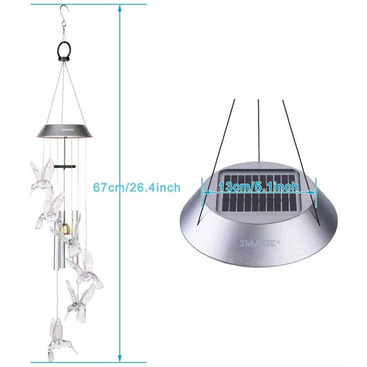 Solar Color Changing LED Hummingbird Wind Chimes Light Tubes Bells Lamp Outdoor