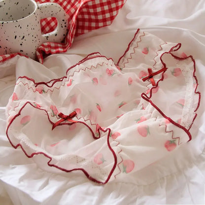Sweet Strawberry Sheer Mesh Panties – Ruffle Lace Mid-Waist Briefs