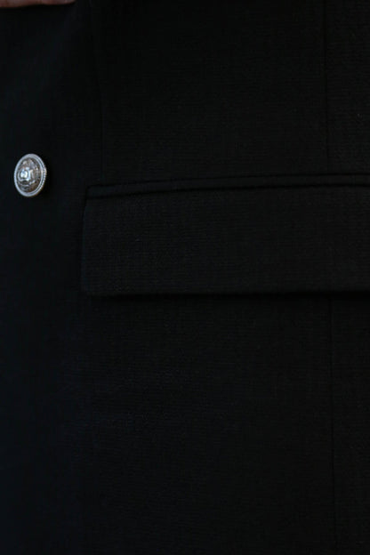 Black Solid Slim Fit Double-Breasted Blazer with Silver Metal Buttons – Wessi