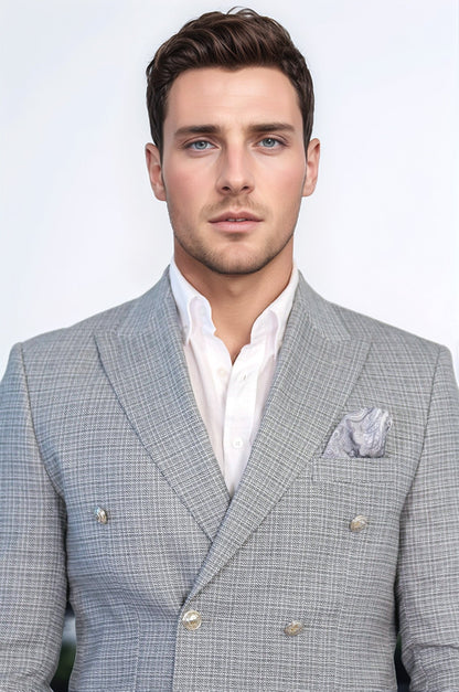 Black Micro-Check Slim Fit Double-Breasted Blazer with Silver Metal Buttons – Wessi