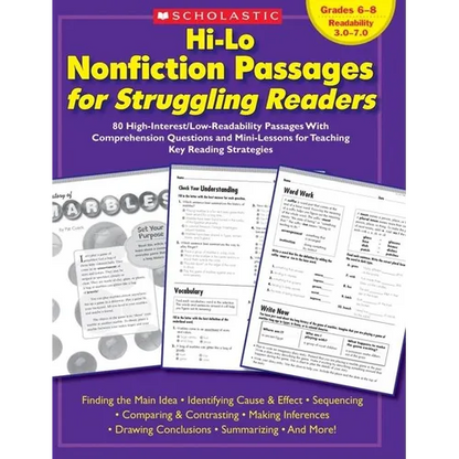 Hi-Lo Nonfiction Passages for Struggling Readers: Grades 6-8: 80 High-Interest/Low-Readability Passages with Comprehension Questions and Mini-Lessons - Paperback