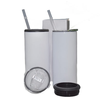 16oz Blank Sublimation Can Cooler With 2 screw on Lids Straight White Tumbler Stainless Double Insulated