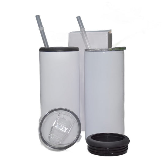 16oz Blank Sublimation Can Cooler With 2 screw on Lids Straight White Tumbler Stainless Double Insulated