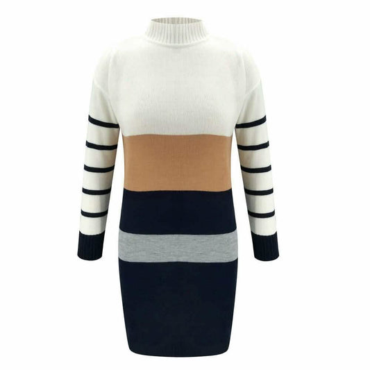 Women Knit Cowl Turtleneck Stripe Sweater Dress Long Sleeve Pullover Mini Dress