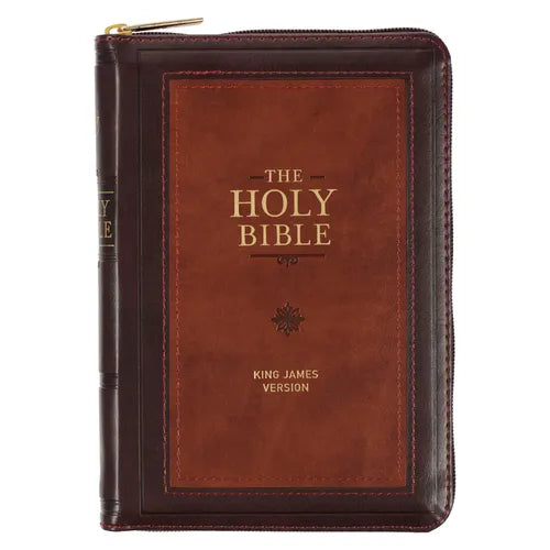 KJV Bible Compact (Faux Leather, Burgundy/Saddle Tan W/Zipper) - Imitation Leather